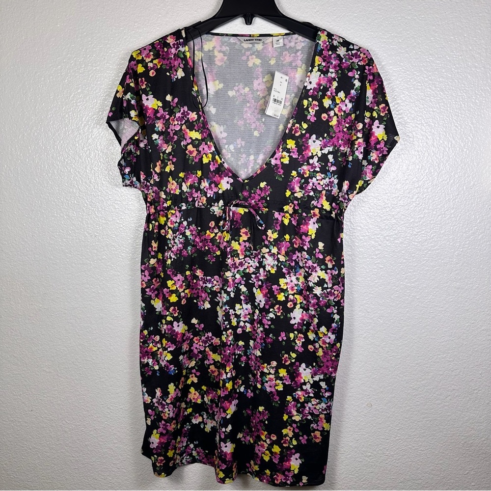 Lands' End Women's Floral V Neck Short Sleeve Dress Black Pink Yellow White M
